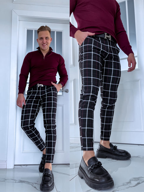 Checked men's trousers - black with red 65-2